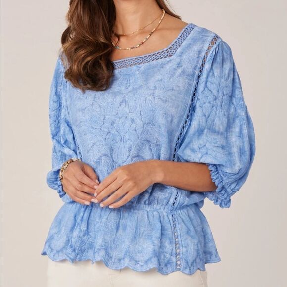 Democracy Bonnet Sleeve Square Crochet Neck Mineral Wash Peplum Woven Top - Picture 1 of 14